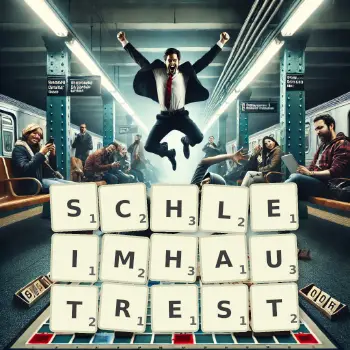 Kreative Illustration für ein Scrabble-Spiel, bei dem das Wort SCHLEIMHAUTREST mit Steinen auf dem Brett gelegt wurde.