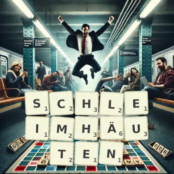 Kreative Illustration für ein Scrabble-Spiel, bei dem das Wort SCHLEIMHÄUTEN mit Steinen auf dem Brett gelegt wurde.