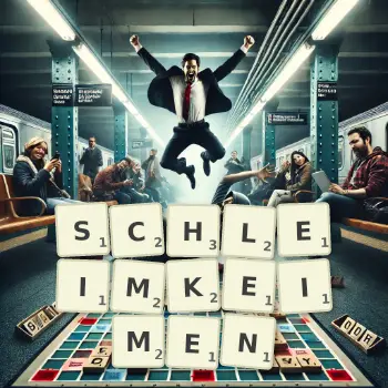 Kreative Illustration für ein Scrabble-Spiel, bei dem das Wort SCHLEIMKEIMEN mit Steinen auf dem Brett gelegt wurde.