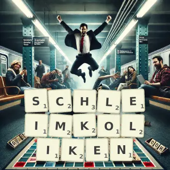 Kreative Illustration für ein Scrabble-Spiel, bei dem das Wort SCHLEIMKOLIKEN mit Steinen auf dem Brett gelegt wurde.