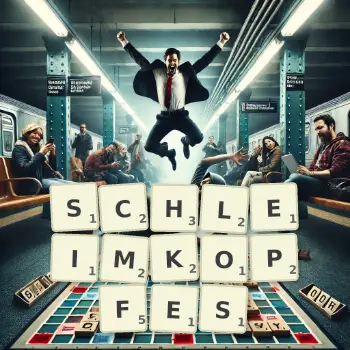 Kreative Illustration für ein Scrabble-Spiel, bei dem das Wort SCHLEIMKOPFES mit Steinen auf dem Brett gelegt wurde.