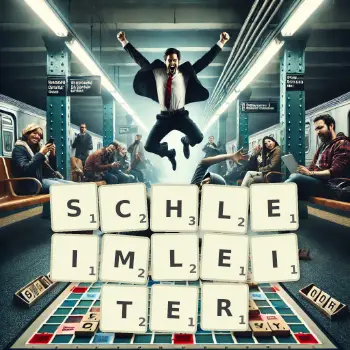 Kreative Illustration für ein Scrabble-Spiel, bei dem das Wort SCHLEIMLEITER mit Steinen auf dem Brett gelegt wurde.