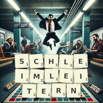 Kreative Illustration für ein Scrabble-Spiel, bei dem das Wort SCHLEIMLEITERN mit Steinen auf dem Brett gelegt wurde.
