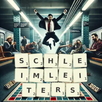 Kreative Illustration für ein Scrabble-Spiel, bei dem das Wort SCHLEIMLEITERS mit Steinen auf dem Brett gelegt wurde.