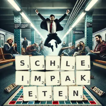 Kreative Illustration für ein Scrabble-Spiel, bei dem das Wort SCHLEIMPAKETEN mit Steinen auf dem Brett gelegt wurde.
