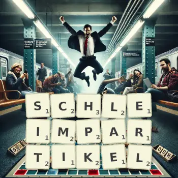 Kreative Illustration für ein Scrabble-Spiel, bei dem das Wort SCHLEIMPARTIKEL mit Steinen auf dem Brett gelegt wurde.