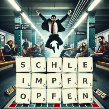 Kreative Illustration für ein Scrabble-Spiel, bei dem das Wort SCHLEIMPFROPFEN mit Steinen auf dem Brett gelegt wurde.