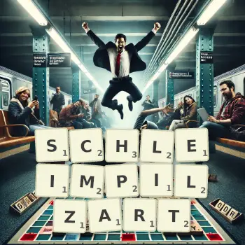 Kreative Illustration für ein Scrabble-Spiel, bei dem das Wort SCHLEIMPILZART mit Steinen auf dem Brett gelegt wurde.