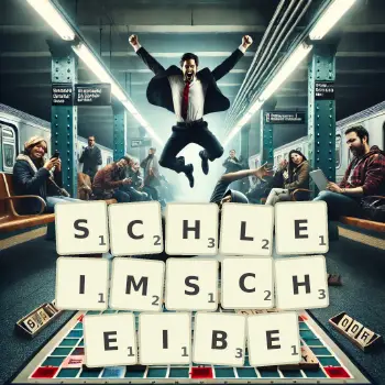 Kreative Illustration für ein Scrabble-Spiel, bei dem das Wort SCHLEIMSCHEIBE mit Steinen auf dem Brett gelegt wurde.