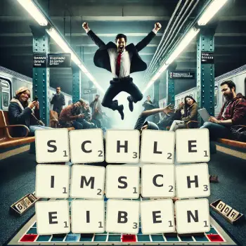 Kreative Illustration für ein Scrabble-Spiel, bei dem das Wort SCHLEIMSCHEIBEN mit Steinen auf dem Brett gelegt wurde.