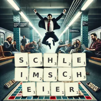 Kreative Illustration für ein Scrabble-Spiel, bei dem das Wort SCHLEIMSCHEIER mit Steinen auf dem Brett gelegt wurde.