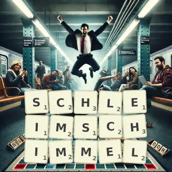 Kreative Illustration für ein Scrabble-Spiel, bei dem das Wort SCHLEIMSCHIMMEL mit Steinen auf dem Brett gelegt wurde.
