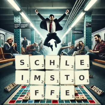 Kreative Illustration für ein Scrabble-Spiel, bei dem das Wort SCHLEIMSTOFFE mit Steinen auf dem Brett gelegt wurde.