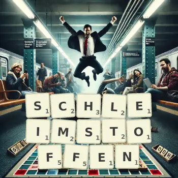 Kreative Illustration für ein Scrabble-Spiel, bei dem das Wort SCHLEIMSTOFFEN mit Steinen auf dem Brett gelegt wurde.