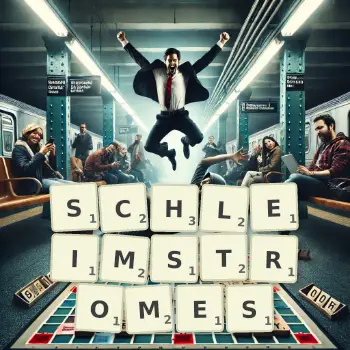 Kreative Illustration für ein Scrabble-Spiel, bei dem das Wort SCHLEIMSTROMES mit Steinen auf dem Brett gelegt wurde.