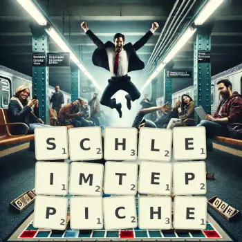 Kreative Illustration für ein Scrabble-Spiel, bei dem das Wort SCHLEIMTEPPICHE mit Steinen auf dem Brett gelegt wurde.