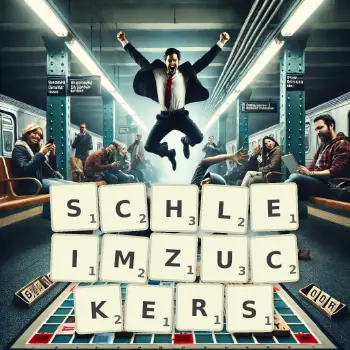 Kreative Illustration für ein Scrabble-Spiel, bei dem das Wort SCHLEIMZUCKERS mit Steinen auf dem Brett gelegt wurde.