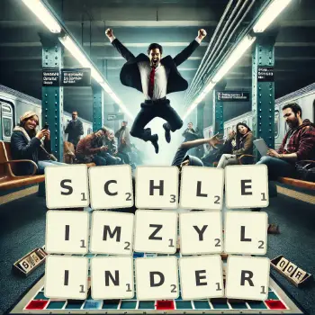 Kreative Illustration für ein Scrabble-Spiel, bei dem das Wort SCHLEIMZYLINDER mit Steinen auf dem Brett gelegt wurde.