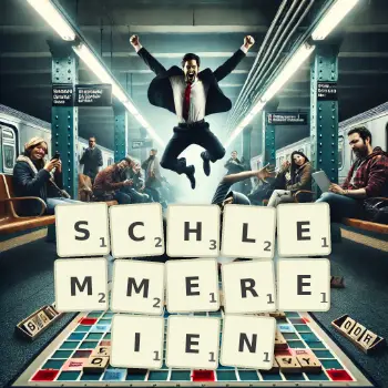 Kreative Illustration für ein Scrabble-Spiel, bei dem das Wort SCHLEMMEREIEN mit Steinen auf dem Brett gelegt wurde.