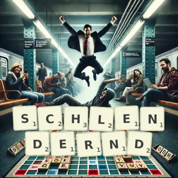 Kreative Illustration für ein Scrabble-Spiel, bei dem das Wort SCHLENDERND mit Steinen auf dem Brett gelegt wurde.