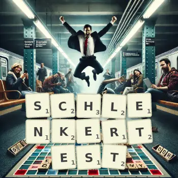 Kreative Illustration für ein Scrabble-Spiel, bei dem das Wort SCHLENKERTEST mit Steinen auf dem Brett gelegt wurde.