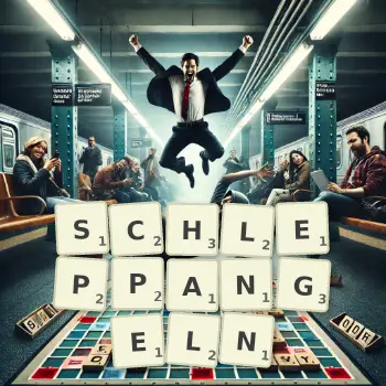 Kreative Illustration für ein Scrabble-Spiel, bei dem das Wort SCHLEPPANGELN mit Steinen auf dem Brett gelegt wurde.