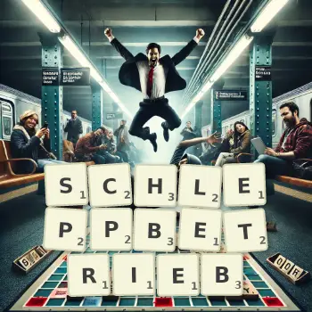 Kreative Illustration für ein Scrabble-Spiel, bei dem das Wort SCHLEPPBETRIEB mit Steinen auf dem Brett gelegt wurde.