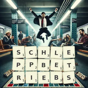 Kreative Illustration für ein Scrabble-Spiel, bei dem das Wort SCHLEPPBETRIEBS mit Steinen auf dem Brett gelegt wurde.