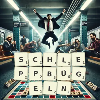 Kreative Illustration für ein Scrabble-Spiel, bei dem das Wort SCHLEPPBÜGELN mit Steinen auf dem Brett gelegt wurde.