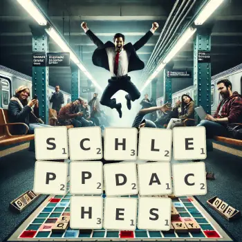Kreative Illustration für ein Scrabble-Spiel, bei dem das Wort SCHLEPPDACHES mit Steinen auf dem Brett gelegt wurde.