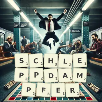 Kreative Illustration für ein Scrabble-Spiel, bei dem das Wort SCHLEPPDAMPFER mit Steinen auf dem Brett gelegt wurde.