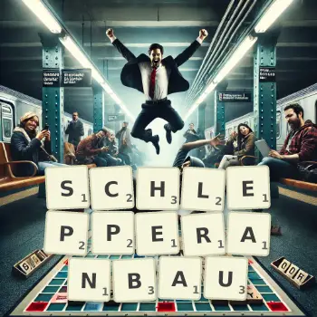 Kreative Illustration für ein Scrabble-Spiel, bei dem das Wort SCHLEPPERANBAU mit Steinen auf dem Brett gelegt wurde.