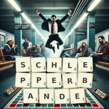 Kreative Illustration für ein Scrabble-Spiel, bei dem das Wort SCHLEPPERBANDE mit Steinen auf dem Brett gelegt wurde.