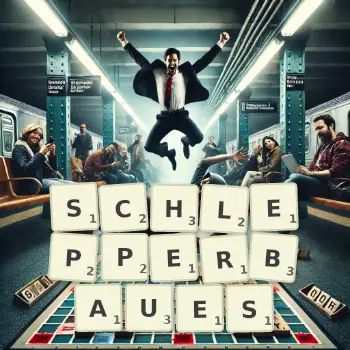 Kreative Illustration für ein Scrabble-Spiel, bei dem das Wort SCHLEPPERBAUES mit Steinen auf dem Brett gelegt wurde.