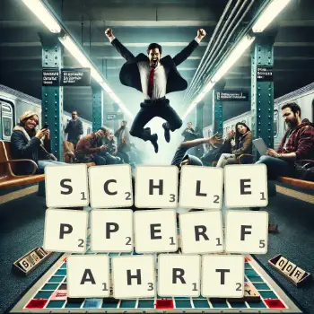 Kreative Illustration für ein Scrabble-Spiel, bei dem das Wort SCHLEPPERFAHRT mit Steinen auf dem Brett gelegt wurde.