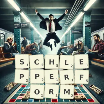 Kreative Illustration für ein Scrabble-Spiel, bei dem das Wort SCHLEPPERFORM mit Steinen auf dem Brett gelegt wurde.