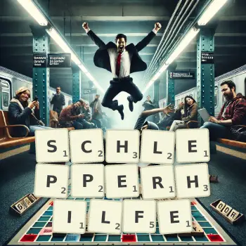 Kreative Illustration für ein Scrabble-Spiel, bei dem das Wort SCHLEPPERHILFE mit Steinen auf dem Brett gelegt wurde.