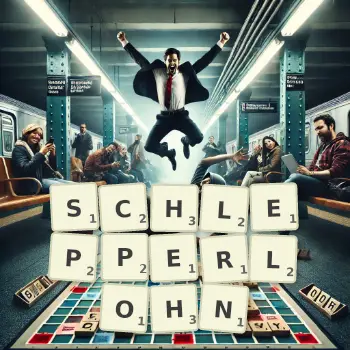 Kreative Illustration für ein Scrabble-Spiel, bei dem das Wort SCHLEPPERLOHN mit Steinen auf dem Brett gelegt wurde.