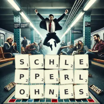 Kreative Illustration für ein Scrabble-Spiel, bei dem das Wort SCHLEPPERLOHNES mit Steinen auf dem Brett gelegt wurde.