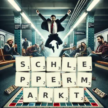 Kreative Illustration für ein Scrabble-Spiel, bei dem das Wort SCHLEPPERMARKT mit Steinen auf dem Brett gelegt wurde.