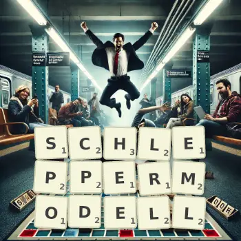Kreative Illustration für ein Scrabble-Spiel, bei dem das Wort SCHLEPPERMODELL mit Steinen auf dem Brett gelegt wurde.