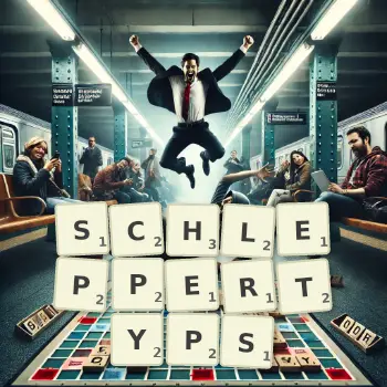 Kreative Illustration für ein Scrabble-Spiel, bei dem das Wort SCHLEPPERTYPS mit Steinen auf dem Brett gelegt wurde.