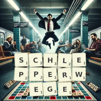 Kreative Illustration für ein Scrabble-Spiel, bei dem das Wort SCHLEPPERWEGE mit Steinen auf dem Brett gelegt wurde.