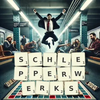 Kreative Illustration für ein Scrabble-Spiel, bei dem das Wort SCHLEPPERWERKS mit Steinen auf dem Brett gelegt wurde.