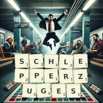 Kreative Illustration für ein Scrabble-Spiel, bei dem das Wort SCHLEPPERZUGES mit Steinen auf dem Brett gelegt wurde.