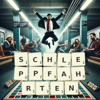 Kreative Illustration für ein Scrabble-Spiel, bei dem das Wort SCHLEPPFAHRTEN mit Steinen auf dem Brett gelegt wurde.