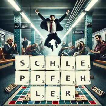 Kreative Illustration für ein Scrabble-Spiel, bei dem das Wort SCHLEPPFEHLER mit Steinen auf dem Brett gelegt wurde.