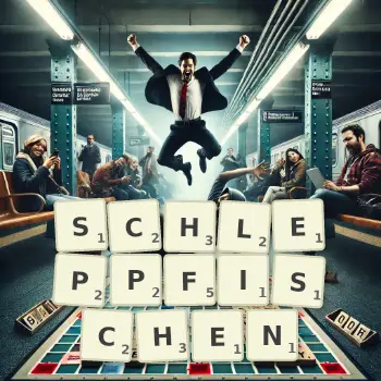 Kreative Illustration für ein Scrabble-Spiel, bei dem das Wort SCHLEPPFISCHEN mit Steinen auf dem Brett gelegt wurde.