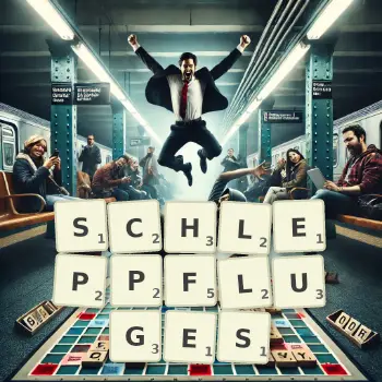 Kreative Illustration für ein Scrabble-Spiel, bei dem das Wort SCHLEPPFLUGES mit Steinen auf dem Brett gelegt wurde.