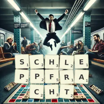 Kreative Illustration für ein Scrabble-Spiel, bei dem das Wort SCHLEPPFRACHT mit Steinen auf dem Brett gelegt wurde.